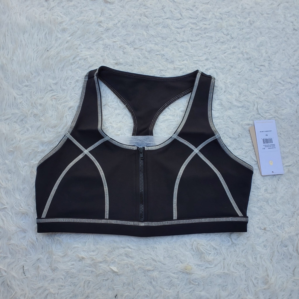 Spiritual Gangster Vera Zip Front Dream Tech Sports Bra color Black size Medium.